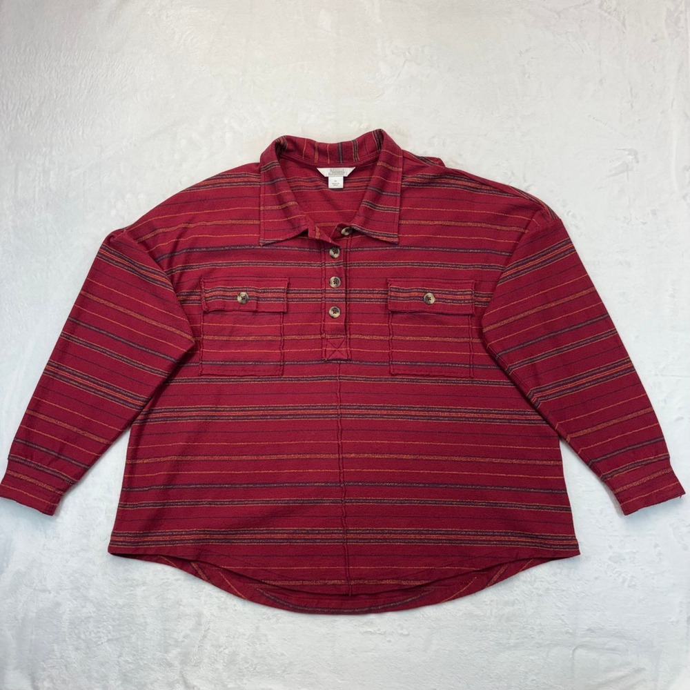 Natural Reflections Women XL Burgundy Striped Cotton Shirt Long Sleeve Top